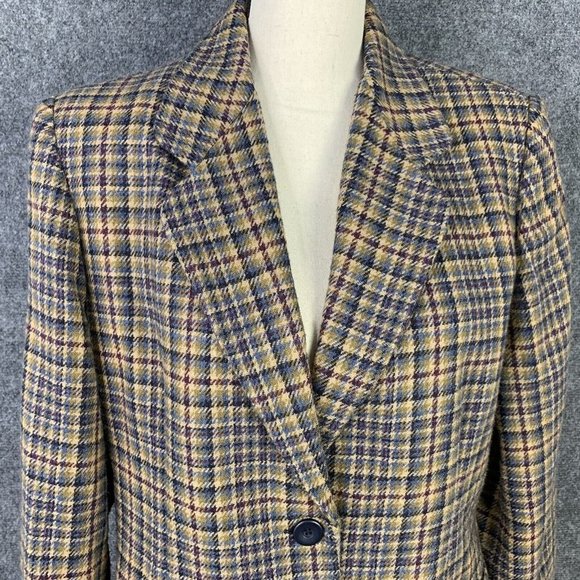 Worthington Blazer Jacket Women 12p Wool Blend 2 Button Brown Plaid Lined - Picture 2 of 10